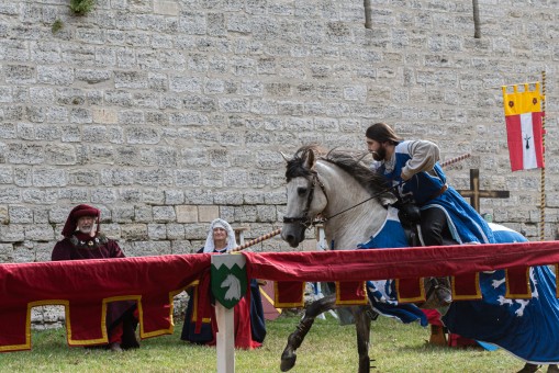 Reconstitution d'une joute équestre par les Chevaliers de la Montagne Couronnée lors des fêtes médiévales de Laon